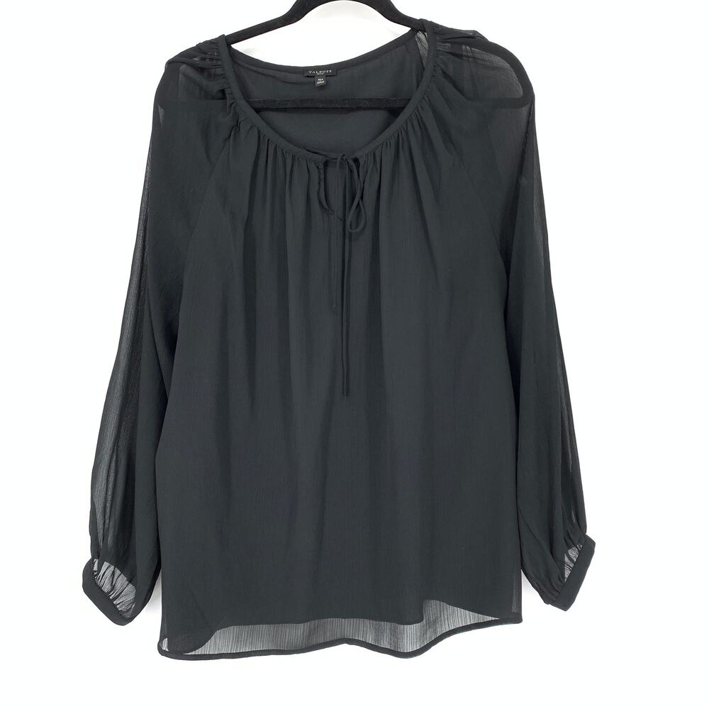 Talbots Women's Size XL Petite Pleated Chiffon Blouse Long Sleeve Black Tie Neck